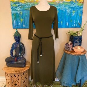 Vintage green boho tie waste dress beaded leather waste tie form fitted
